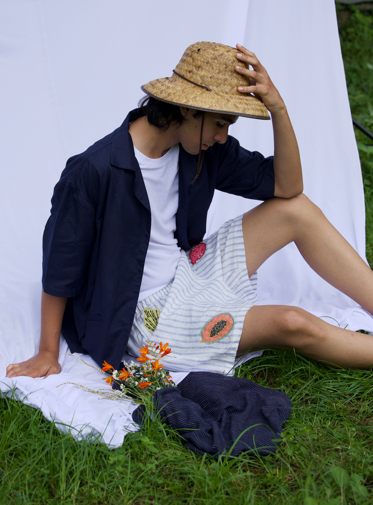 Hand embroidered linen grocery shorts