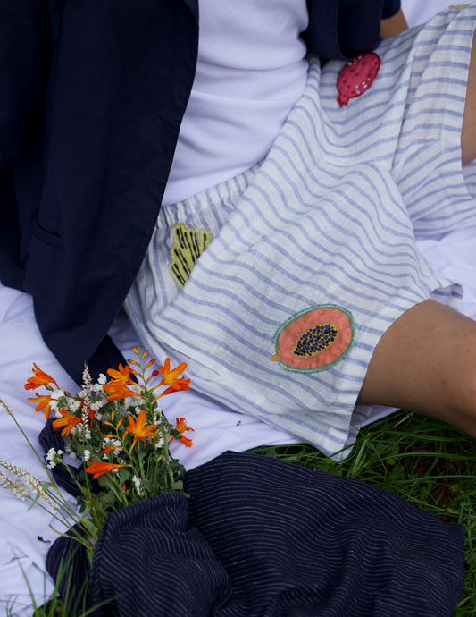 Hand embroidered linen grocery shorts