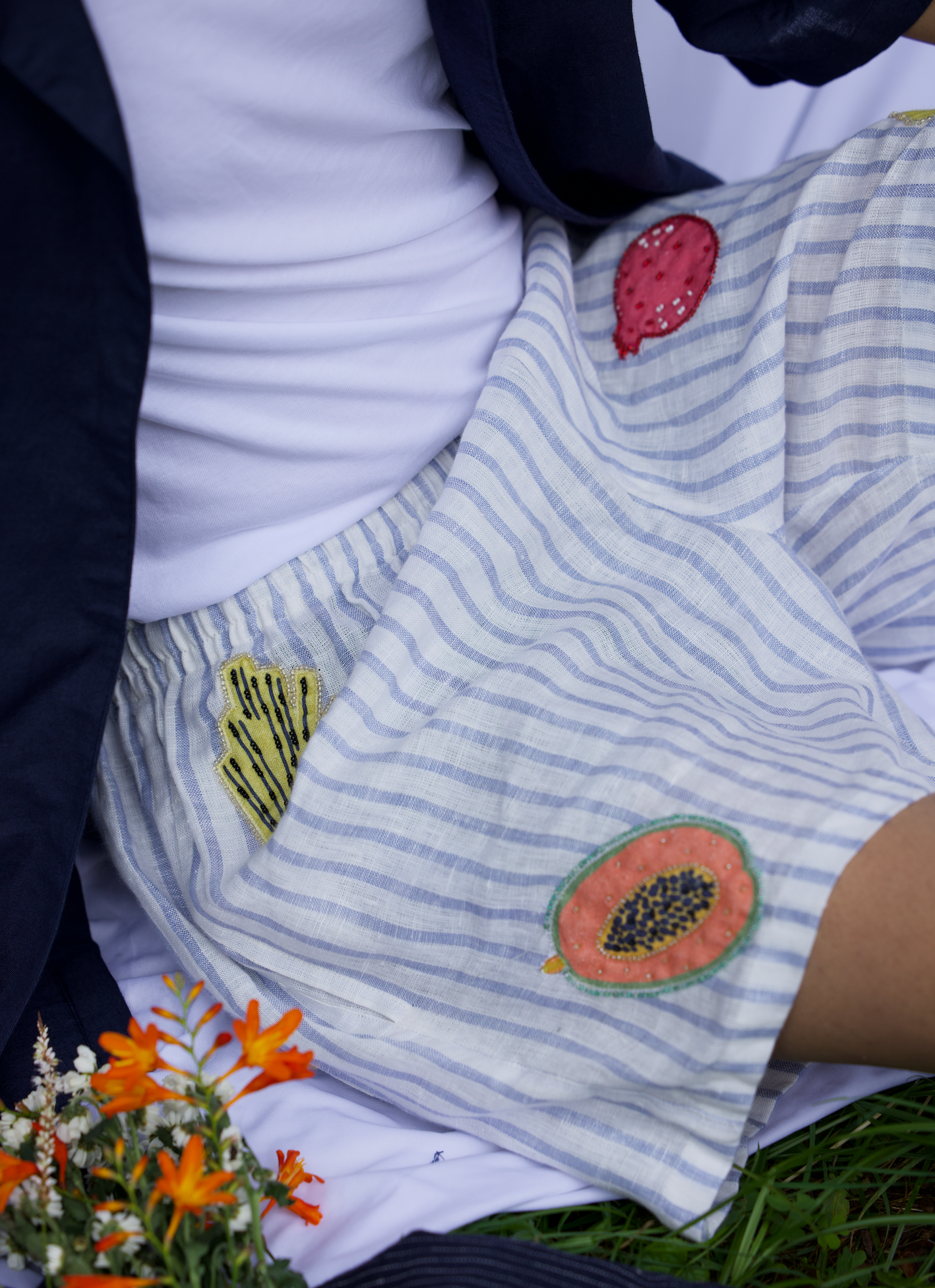 Hand embroidered linen grocery shorts