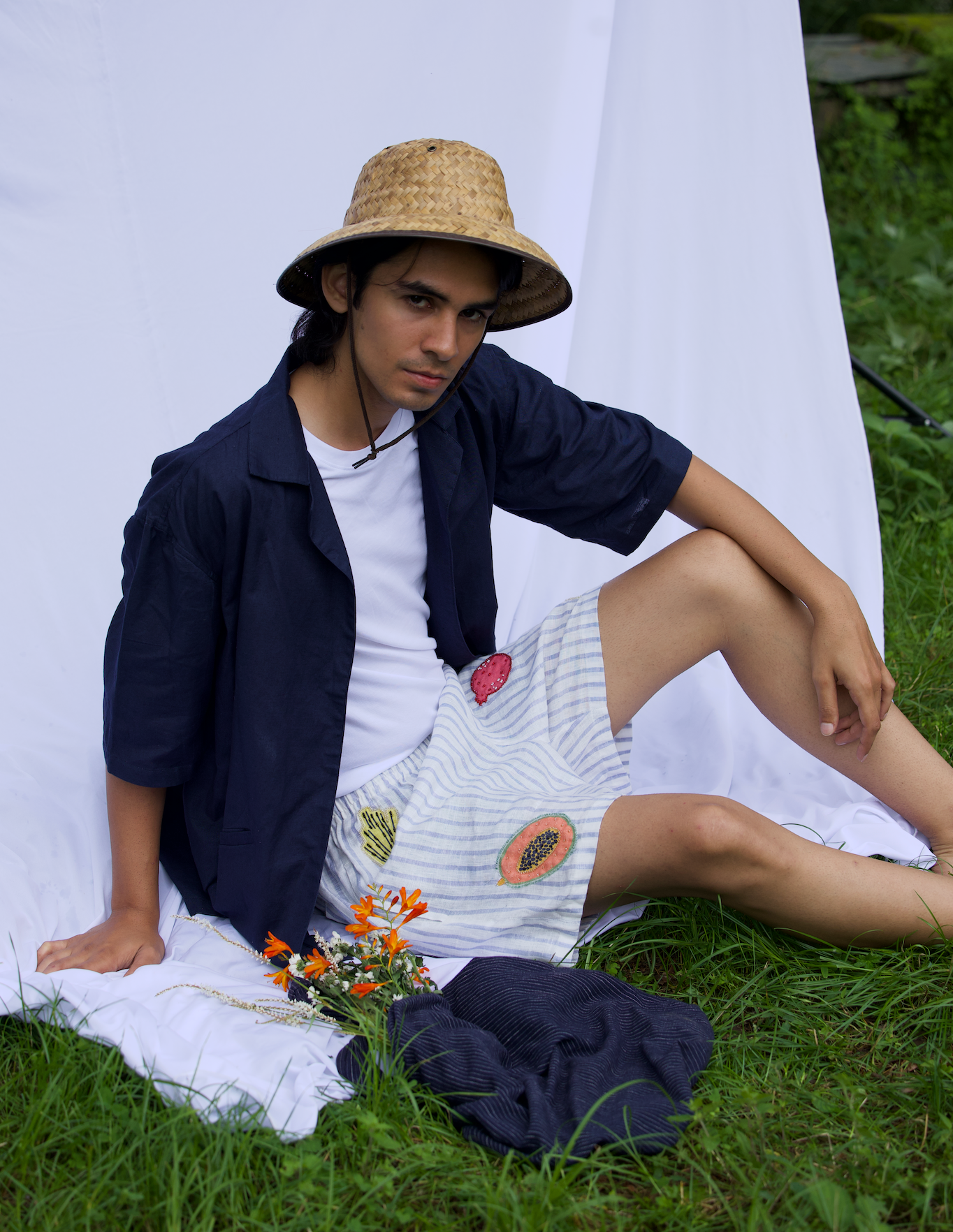 Hand embroidered linen grocery shorts