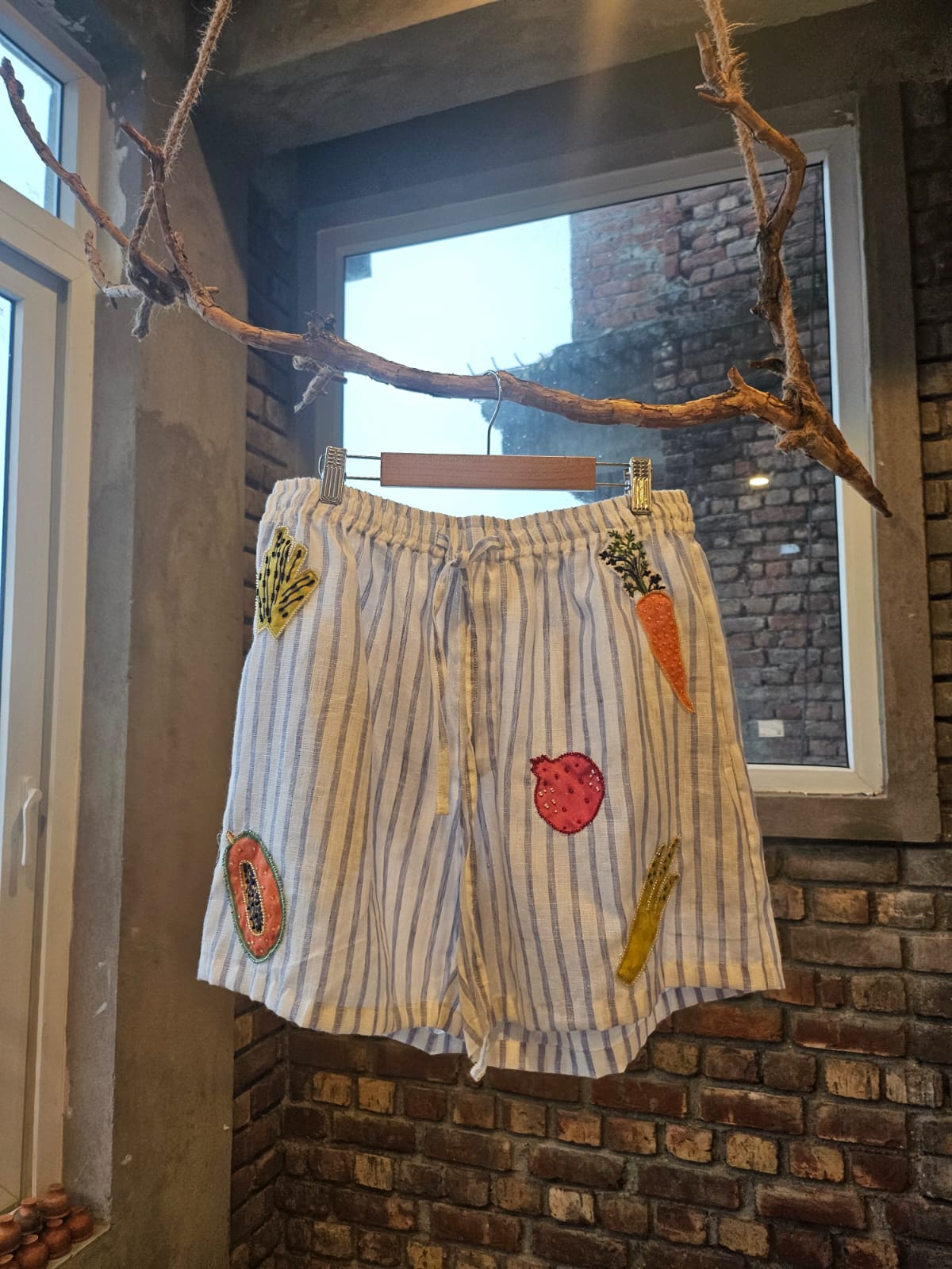 Hand embroidered linen grocery shorts