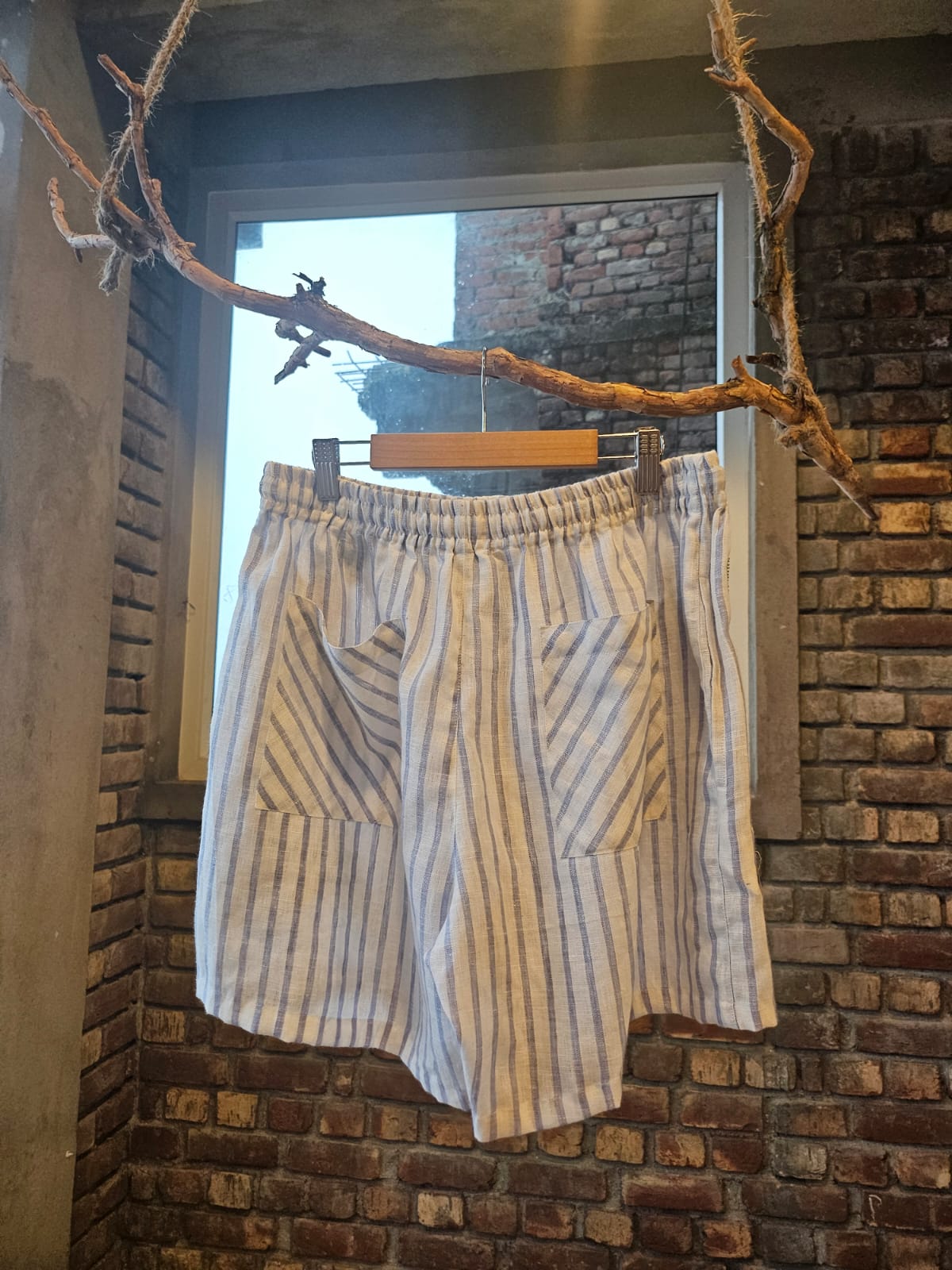 Hand embroidered linen grocery shorts